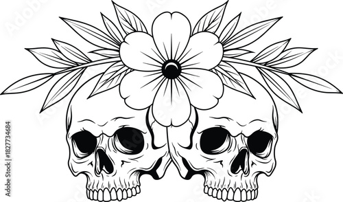 Twin human skulls with large flower and leaves, black and white line art vector illustration, tattoo style coloring page design