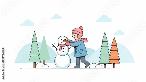 Charming Vector Illustration of a Child Building a Snowman in a Winter Wonderland, Perfect for Christmas and Seasonal Themes