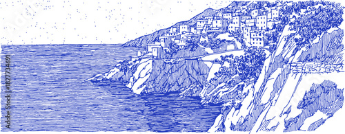 A blue and white drawing of a beach with a rocky cliff in the background. The water is choppy and the sky is cloudy. vector illustration