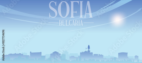 Blue panoramic poster of the city skyline with misty background buildings and clouds of SOFIA, BULGARIA