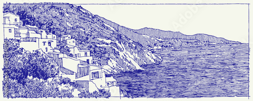 A blue and white drawing of a beach with houses and a cliff. The houses are on the left side of the drawing. vector illustration