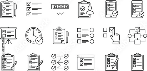 Checklist icons, task management symbols, productivity tools, flat vector illustration, user interface elements, workflow planning, cad drawing flat vector illustration