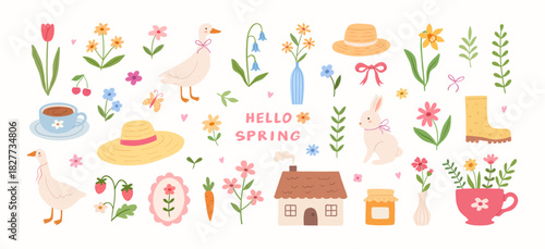 Set of cottagecore hand drawn spring and summer elements