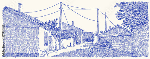 The image is a blue and white drawing of a village with a house and a road. The drawing is in black and white. vector illustration