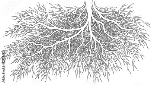 Detailed black and white illustration of an intricate and dense network of plant roots spreading horizontally, showcasing fine branching structures.