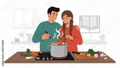 Vector Winter Christmas Couple Cooking Together, Festive and Warm in Kitchen