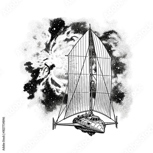 Solar sail spaceship cruising through vibrant nebula in space  