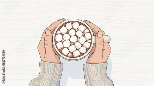 Cozy vector illustration of hands holding a mug of hot chocolate with marshmallows, perfect for winter and Christmas themes