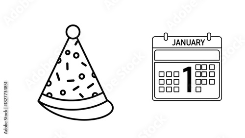 A black and white illustration of a festive party hat next to a calendar displaying January 1st, symbolizing New Year's Day celebration.