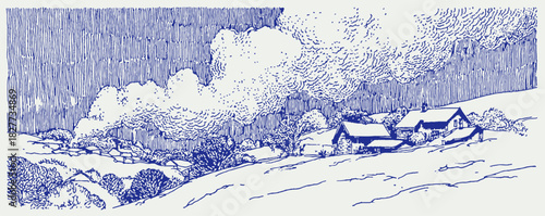 A blue and white drawing of a rural scene with a house and a bridge. The house is on the right side of the image. vector illustration