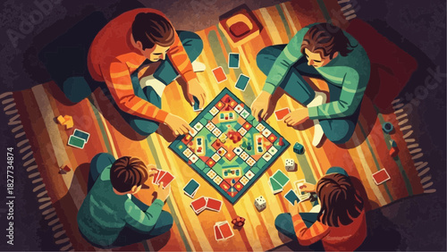 Vector illustration of a family enjoying a board game during a cozy winter Christmas evening at home