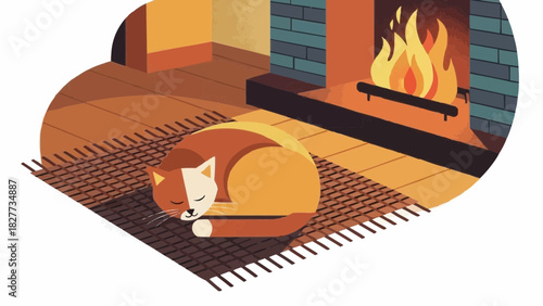 Cozy Christmas Vector Cat Nap by the Fireplace in Winter
