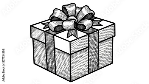 Hand-drawn sketch of a wrapped gift box with a decorative bow on top, rendered in black and white with cross-hatching.