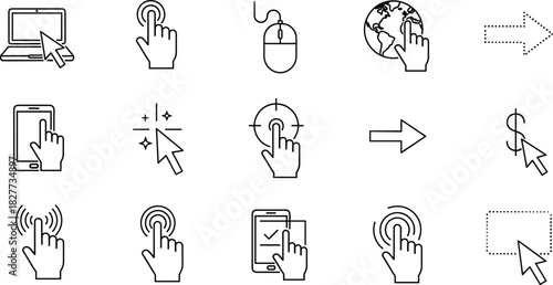 Digital interaction icons, cursor click symbols, touchscreen gestures, user interface elements, mobile tap actions, vector set, flat design, cad drawing flat vector illustration