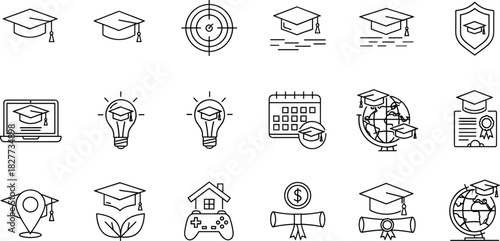 Education graduation cap icon set, online learning, global academic achievement, diploma certification, flat vector, cad drawing illustration