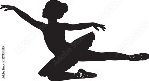 Black silhouette of girl dancing ballet on white background, vector