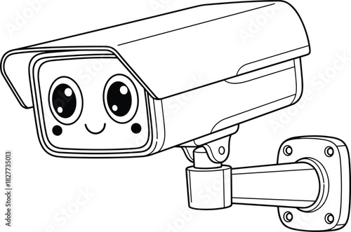 Cute cartoon security camera character with happy face, black and white line art vector illustration, coloring page for kids