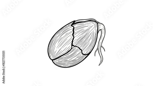 Detailed black and white line drawing of a germinating seed with a visible root emerging from the split seed coat.