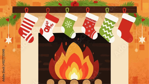 Cozy winter Christmas scene with stockings hanging by a warm fireplace, a festive holiday vector illustration