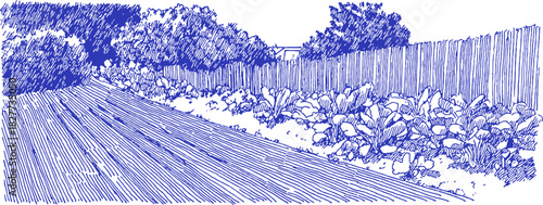 A blue and white drawing of a road with a fence on the right side. The road is empty and the fence is made of wood. vector illustration