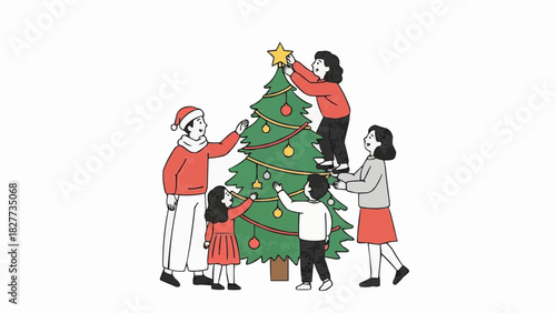 Joyful family decorating a Christmas tree in a cozy winter setting, a charming vector illustration capturing the holiday spirit of the season