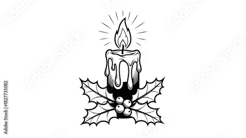 Black and white illustration of a burning candle with melting wax, resting on holly leaves and berries, evoking a festive or holiday spirit.