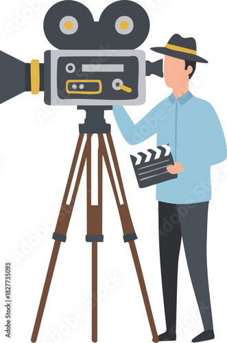 Filmmaker Operating Vintage Movie Camera with Clapperboard on Tripod