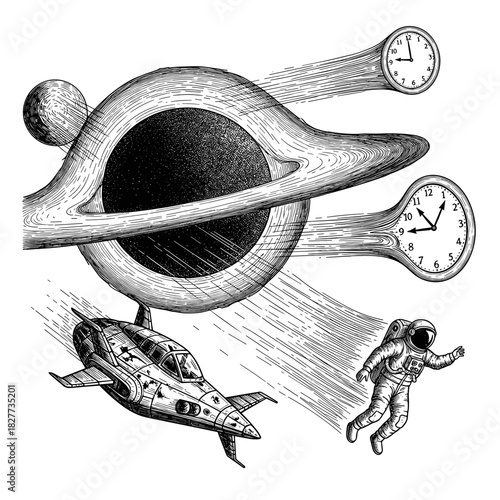Astronaut floating near black hole with spaceship and clock imagery, concept of space exploration and futuristic technology  
