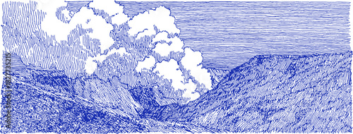 A blue and white drawing of a mountain with a cloud in the sky. The drawing is in a pixelated style. vector illustration