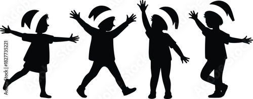 joyful festive poses with abstract arcs, playful celebration scene, perfect for seasonal clipart, cards, decor, storybook, vector designjoyful festive poses with abstract 