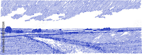 A blue and white drawing of a field with a river running through it. The river is small and the field is large. vector illustration