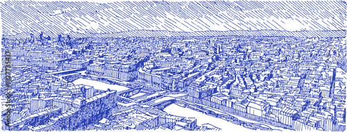 A blue and white drawing of a city with a river running through it. The drawing is in a blue and white color scheme. vector illustration
