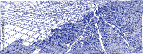 A blue and white drawing of a city street with a crack in the pavement. The crack is in the middle of the street. vector illustration