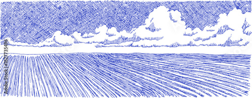 The sky is a beautiful shade of blue with fluffy white clouds scattered throughout. Below the sky. The scene is serene. vector illustration