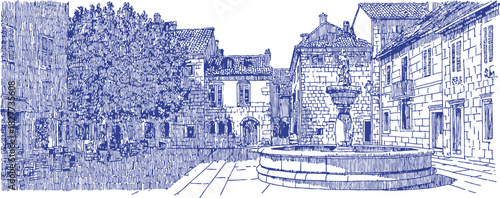 A blue and white drawing of a courtyard with a fountain in the center. There are several people walking around the courtyard. vector illustration