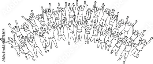 Large crowd of people jumping and cheering vector illustration, group celebrating success, happy men and women raising hands, continuous line art sketch.