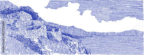 A blue and white drawing of a mountain and ocean. The ocean is calm and the mountain is rocky with a small hill in the distance. vector illustration