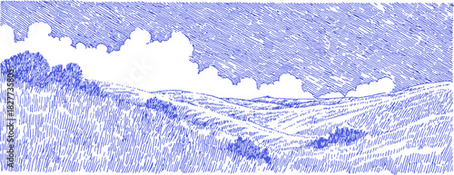 A blue and white drawing of a hillside with trees. The hill is covered in grass and the sky is cloudy. vector illustration