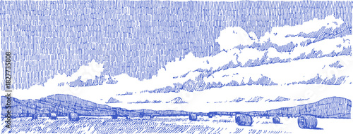 A blue and white drawing of a cloudy sky with a mountain in the background. The sky is filled with clouds. vector illustration