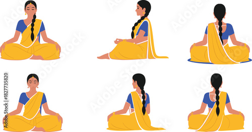 Meditation, woman, illustration, set, in, yellow, sari, cross-legged, pose, yoga, mindfulness, wellness, vector, content, calm, spiritual, silhouette, peaceful, practice, artwork, tradition, balance