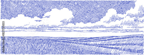 A blue and white drawing of a cloudy sky with a field in the background. The sky is filled with clouds and the field is empty. vector illustration