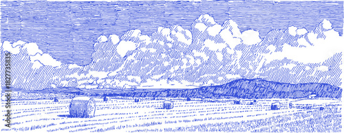 A blue and white drawing of a field with hay bales. The hay bales are scattered throughout the field. vector illustration
