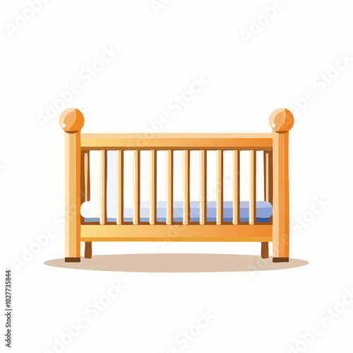 Empty wooden baby crib with blue mattress on a white background, ready for a newborn.