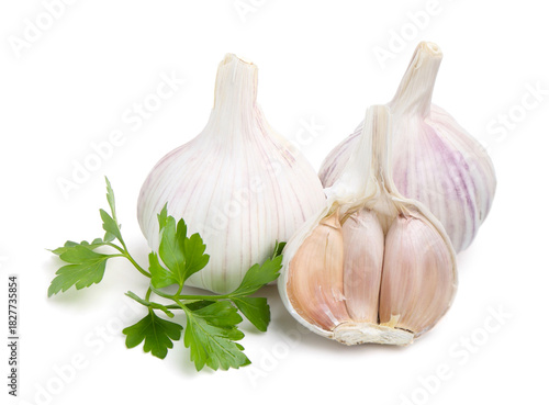 Fresh garlic and parsley isolated on white