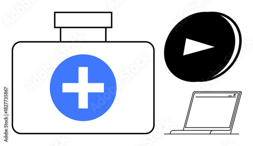 Medical kit with blue cross, play button, and laptop. Ideal for healthcare, online education, telemedicine, digital tools, emergency response, virtual assistance simple flat metaphor