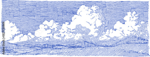A blue sky with clouds and a mountain in the background. The sky is dotted with clouds and the mountain is in the distance. vector illustration