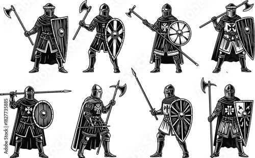 Medieval Knight Set Silhouette; Crusader Warriors with Shields, Axes, Spears; Historical Armor, Heraldry, Middle Ages, War, Battle, and Ancient Warrior Concept Vector.