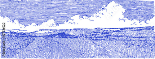 A blue and white drawing of a landscape with a road and a tree. The sky is cloudy and the grass is green. vector illustration