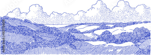 A blue and white drawing of a landscape with trees and hills. The hills are covered in trees and the sky is cloudy. vector illustration