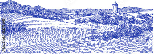 A blue and white drawing of a field with a hill in the background. A large building is in the distance. vector illustration